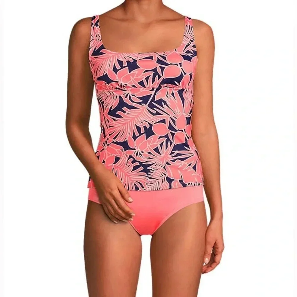 Land’s End Square Neck Underwire Tankini Swimsuit Top Pink Navy Palm Size 2 NWT